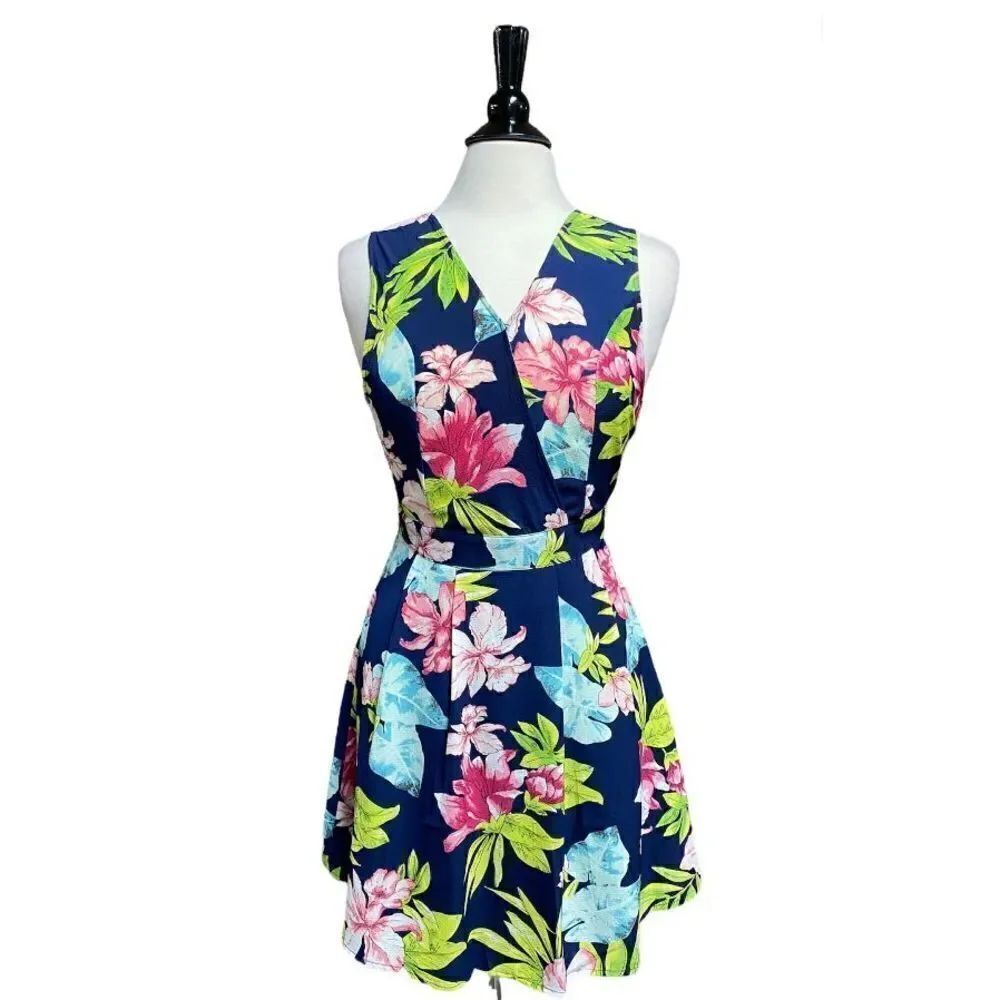 Entro Navy Floral Sleeveless Fit n Flare Dress Size Medium NWT